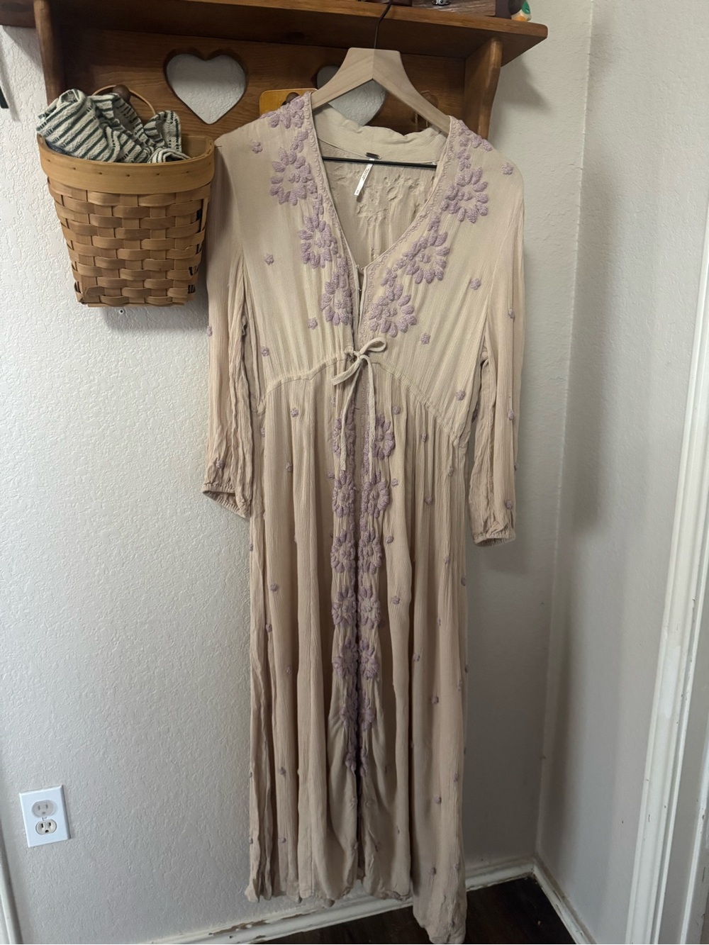 Free People Beige Fable Maxi Dress with Lavender Embroidery Size S/P